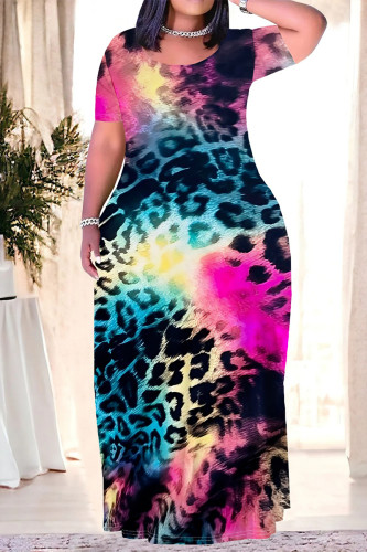Leopard Print Casual Geometric Print Leopard Print Pocket Contrast O Neck Printed Plus Size Dresses