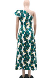 Green Elegant Print Patchwork Ruffled Trim Oblique Collar Long Dresses