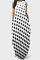 White Black Casual Polka Dot Pocket Patchwork O Neck Long Dresses