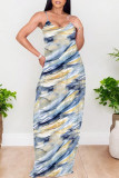 Red Sexy Gradient Print Colorblock Pocket Contrast U Neck Printed Dresses