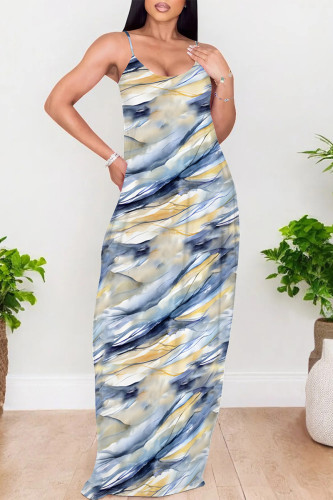 Blue Yellow Sexy Gradient Print Colorblock Pocket Contrast U Neck Printed Dresses