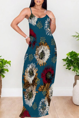 Tibetan Blue Sexy Gradient Print Colorblock Pocket Contrast U Neck Printed Dresses