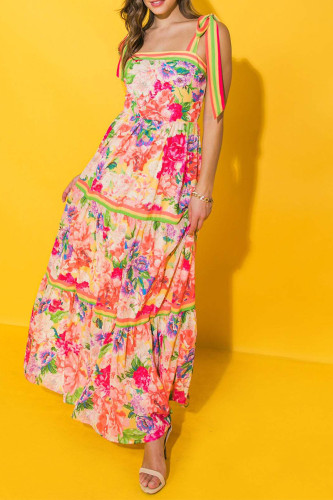 Red Elegant Print Patchwork Backless Square Neck Long Dresses