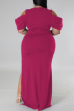Rose Red Sexy Solid Color Slit V Neck Long Plus Size Dresses