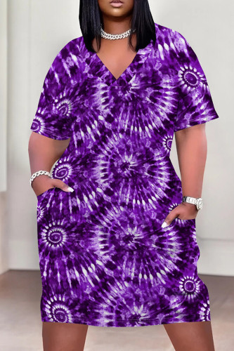 Purple Casual Print Pocket Patchwork V Neck Straight Plus Size Dresses
