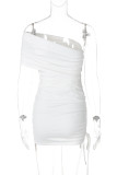 White Sexy Solid Color Patchwork Backless Ruched Strapless Wrapped Skirt Dresses