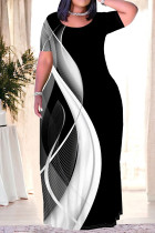 Black Casual Geometric Print Leopard Print Pocket Contrast O Neck Printed Plus Size Dresses