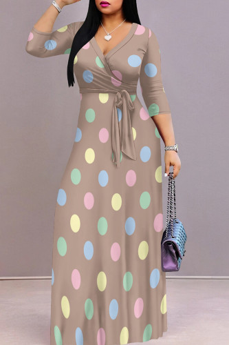 Khaki Pink Elegant Polka Dot Patchwork Strap Design V Neck Long Dresses