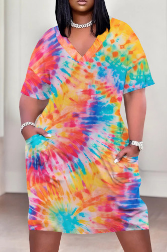 Colour Casual Print Pocket Patchwork V Neck Straight Plus Size Dresses