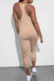 Pink Casual Solid Color Pocket V Neck Loose Jumpsuits