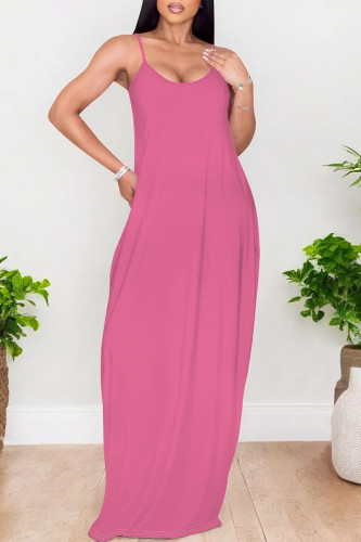 Rose Pink Sexy Solid Color Pocket U Neck Sling Dresses