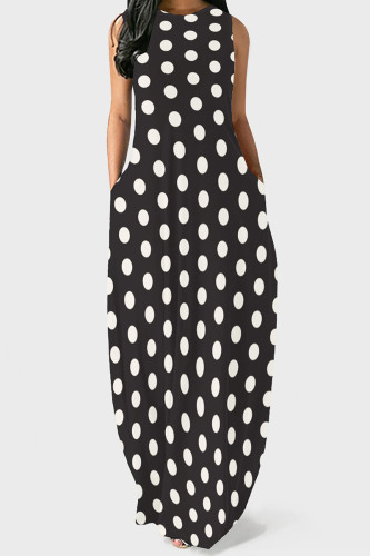 Black White Casual Polka Dot Pocket Patchwork O Neck Long Dresses
