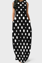 Black And White Casual Polka Dot Pocket Patchwork O Neck Long Dresses