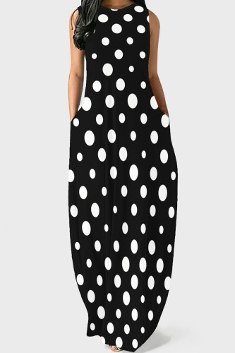 Black And White Casual Polka Dot Pocket Patchwork O Neck Long Dresses