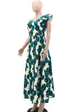 Green Elegant Print Patchwork Ruffled Trim Oblique Collar Long Dresses