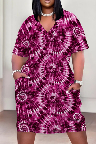 Rose Red Casual Print Pocket Patchwork V Neck Straight Plus Size Dresses