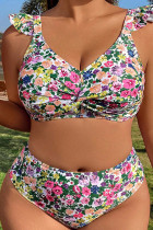 Purple Sportswear Print Patchwork V Neck Plus Size Swimwear