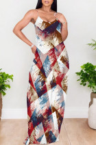 Red Sexy Gradient Print Colorblock Pocket Contrast U Neck Printed Dresses