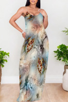 Baby Blue Sexy Geometric Print Pocket U Neck Printed Dresses
