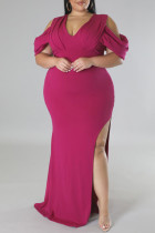 Rose Red Sexy Solid Color Slit V Neck Long Plus Size Dresses