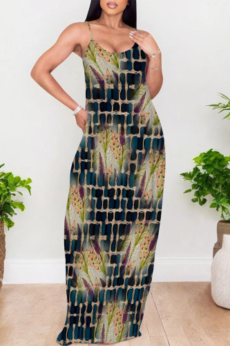 Blue Purple Sexy Geometric Print Pocket U Neck Printed Dresses