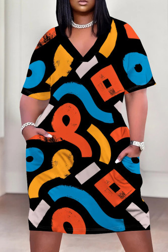 Multicolor Casual Print Pocket Patchwork V Neck Straight Plus Size Dresses