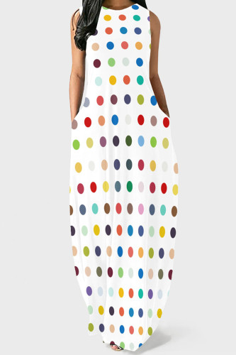 Colour Casual Polka Dot Pocket Patchwork O Neck Long Dresses