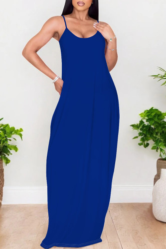 Blue Sexy Solid Color Pocket U Neck Sling Dresses