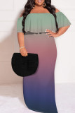 Brown Sexy Gradient Print Ruffle Contrast Off Shoulder One Step Skirt Plus Size Dresses