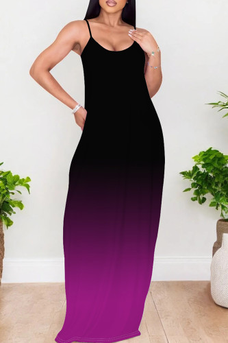 Black Purple Elegant Gradient Print Patchwork Backless Spaghetti Strap Sling Dresses