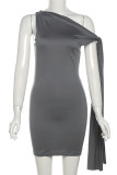 Grey Sexy Solid Color Patchwork O Neck Wrapped Skirt Dresses
