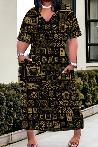 Black Yellow Casual Print Pocket Patchwork V Neck Straight Plus Size Dresses
