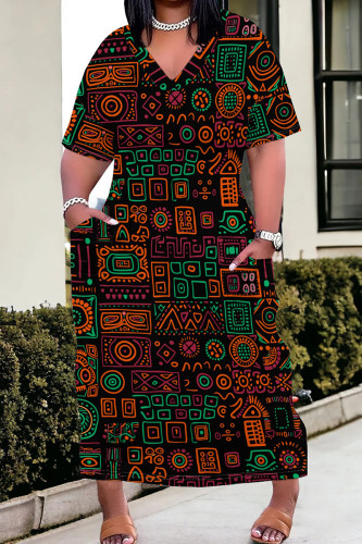 Orange Green Casual Print Pocket Patchwork V Neck Straight Plus Size Dresses