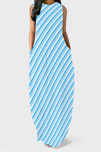Blue Casual Striped Print Pocket O Neck Printed Dresses