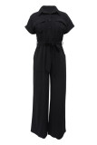 Black Casual Solid Color Pocket Patchwork Turndown Collar Regular Jumpsuits