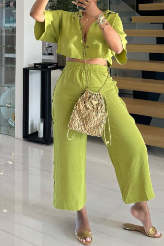 Green Casual Solid Color Buckle Patchwork Turndown Collar Half Sleeve Two Pieces
