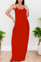 Red Sexy Solid Color Pocket U Neck Sling Dresses