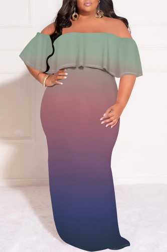 Grey Sexy Gradient Print Ruffle Contrast Off Shoulder One Step Skirt Plus Size Dresses