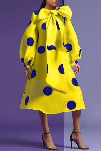 Yellow Elegant Print Polka Dot Patchwork With Belt With Bow O Neck A Line Dresses(Contain The Belt)