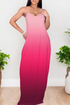 Pink Elegant Gradient Print Patchwork Backless Spaghetti Strap Sling Dresses