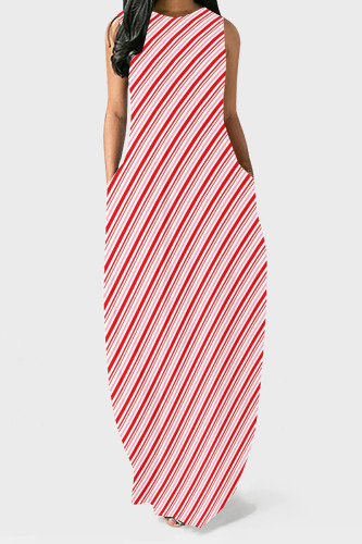 Red Casual Striped Print Pocket O Neck Printed Dresses