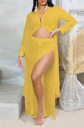 Yellow Casual Solid Color Buttons Slit Turndown Collar Long Sleeve Two Pieces