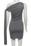 Grey Sexy Solid Color Patchwork O Neck Wrapped Skirt Dresses