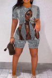 Green Casual Print Basic O Neck Short Sleeve Two Pieces