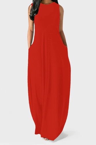 Red Casual Solid Color Pocket O Neck Vest Dresses