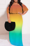 Brown Sexy Gradient Print Ruffle Contrast Off Shoulder One Step Skirt Plus Size Dresses