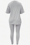 Grey Casual Print Patchwork O Neck Short Sleeve Two Pieces