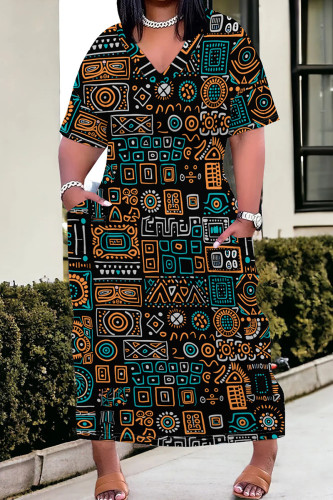 White Blue Casual Print Pocket Patchwork V Neck Straight Plus Size Dresses