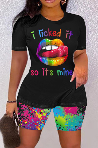 Black Pink Casual Print Basic O Neck Short Sleeve Two Pieces