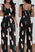 Black Casual Print Backless V Neck Sleeveless Two Pieces